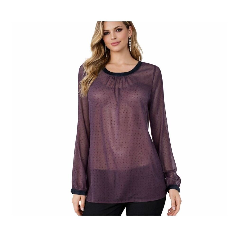 Potter’s Pot Polka Dot Sheer Long Sleeve Satin Trim Blouse deep purple SZ SM